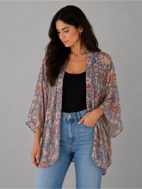 American Eagle Floral Kimono Cardigan Boho Open Front High Low L/XL